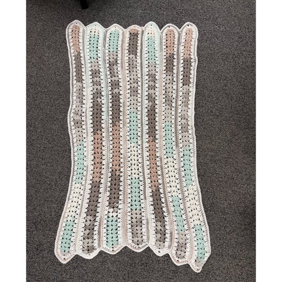 Handmade Crochet Striped Baby Blanket With Pastel Green/Mint/White/Brown/Pink - Picture 1 of 4